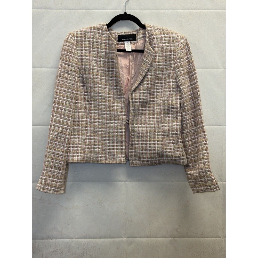 Jones New York Blazer 12 Pink Brown Plaid Tweed Cropped Lined Career Jacket